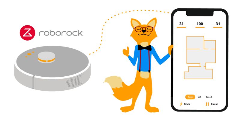 Умный лис Smart Home Fox управляет роботом-пылесосом с помощью приложения для мобильного телефона.